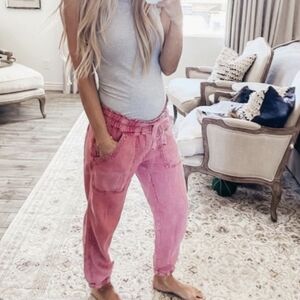Anthropologie Pink Jogger Rhys Linen Blend w/Open Pockets & Tie Cinch Waist Sz M